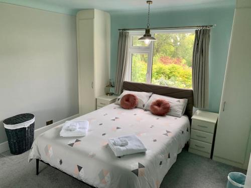 ParkstoneModern 3 Bedroom Home in Coy Pond, Poole的一间卧室配有带两个枕头的床和窗户