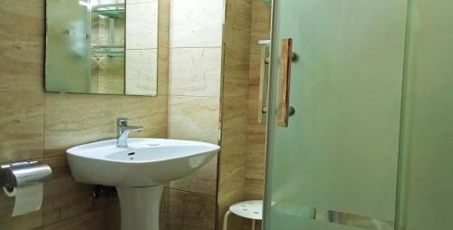 加的斯巴西亚旅馆的一间带水槽、镜子和淋浴的浴室
