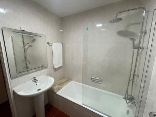 波瓦-迪瓦尔津NorthWind Apartment的一间带水槽、浴缸和淋浴的浴室