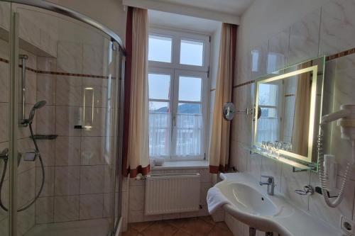 SchottwienKirchenwirt in Maria Schutz的浴室配有盥洗盆、淋浴和盥洗盆。
