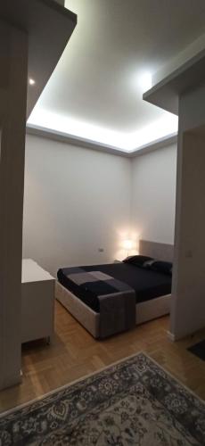 米兰Luxury House Lupetta 3的一间带一张床铺的卧室,位于带天花板的房间内