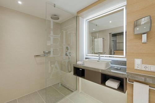 美因河畔法兰克福Frankfurt Airport Marriott Hotel的一间带水槽、淋浴和镜子的浴室