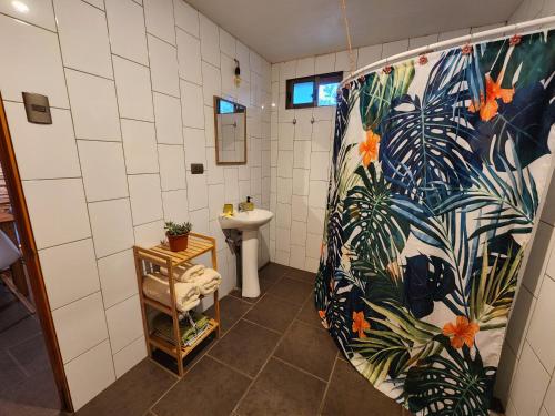 安加罗阿Cabañas Kainga的一间带水槽和淋浴帘的浴室