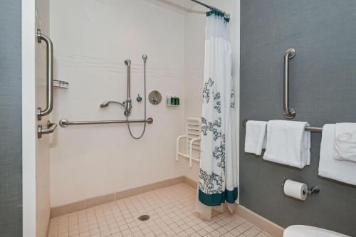 罗利罗利达勒姆机场/布莱尔克里克原住客栈的带淋浴、卫生间和毛巾的浴室