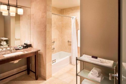 明尼阿波利斯明尼阿波利斯常春藤酒店豪华精选酒店，的带浴缸、水槽和淋浴的浴室