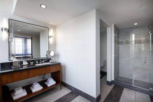 威奇托威奇托大使签名收藏酒店的带淋浴、盥洗盆和镜子的浴室