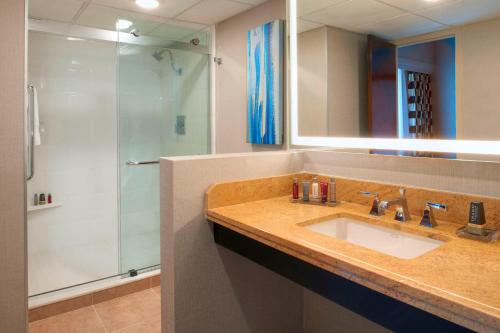堪萨斯城堪萨斯城机场万豪酒店的一间带水槽和淋浴的浴室