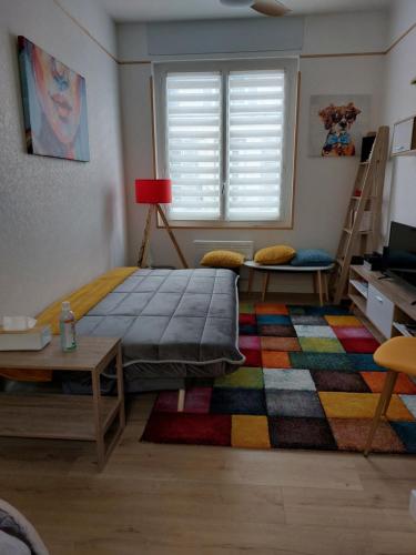 贝尔热拉克L'Appartement Gabriel T2的一间卧室配有一张床、一张桌子和一张地毯。
