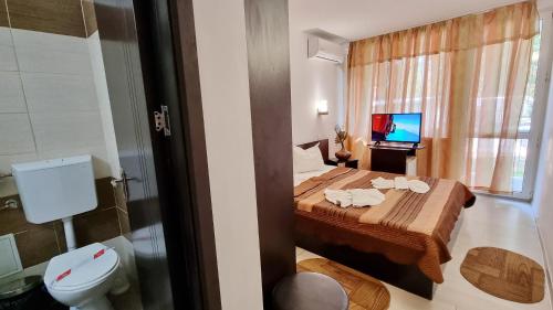 艾福雷诺德Hotel Azur的一间卧室配有一张床、一个卫生间和一台电视。