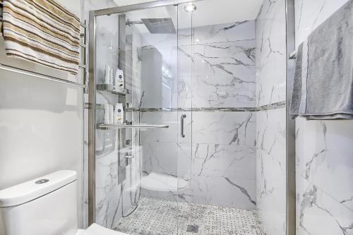 多伦多Charming and Luxurious 2BR+1Bath Guest Suite的浴室设有玻璃淋浴间和卫生间