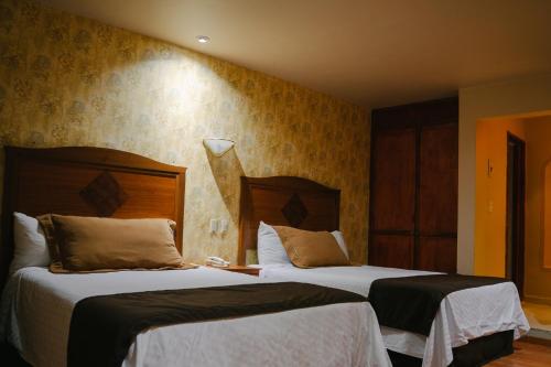 萨卡特卡斯圣卢西亚酒店的一间酒店客房,房间内设有两张床