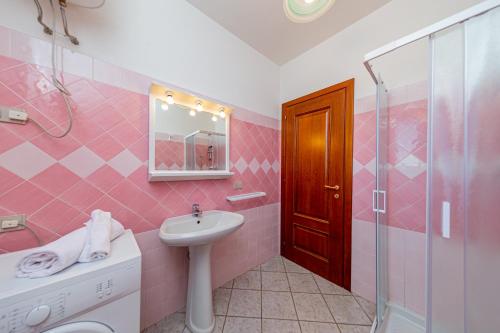 圣特奥多罗Appartamento sette posti vicino al centro di San Teodoro的粉红色的浴室设有水槽和淋浴
