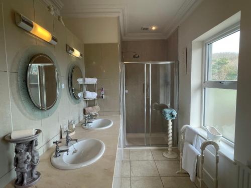 韦克斯福德Glendine Country House Wexford的一间带两个盥洗盆和淋浴的浴室