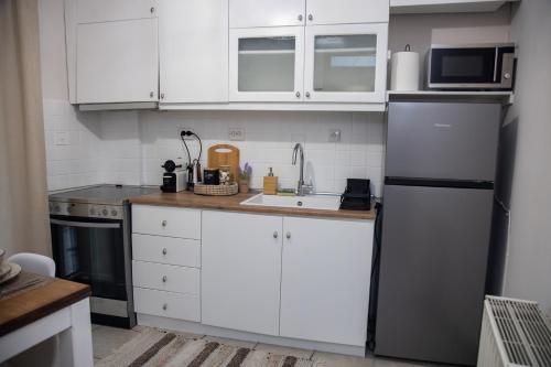 塞萨洛尼基Fobillo Apartment at Charilaou的厨房配有白色橱柜和不锈钢冰箱