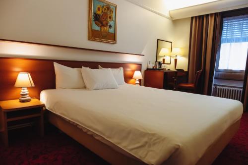 日内瓦阿斯托里亚酒店的一间设有大床和窗户的酒店客房