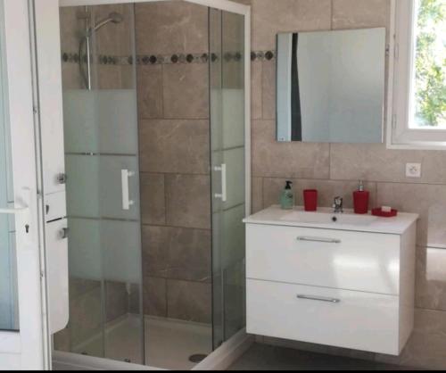 弗雷瑞斯Mimosas - villa的带淋浴、盥洗盆和镜子的浴室