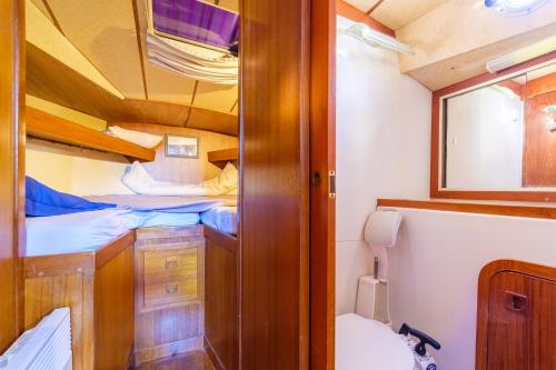 戛纳Voilier de 12m à Quai Port Canto的小房间设有两张双层床和卫生间