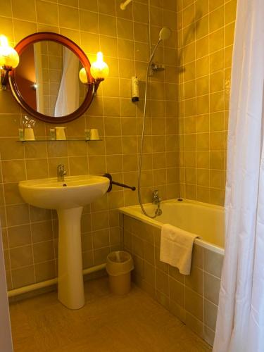 沙托纳城堡酒店的浴室配有盥洗盆、镜子和浴缸