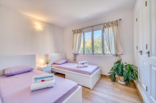 阿尔库迪亚Ideal Property Mallorca - Villa Jardi的一间卧室设有两张床和窗户。