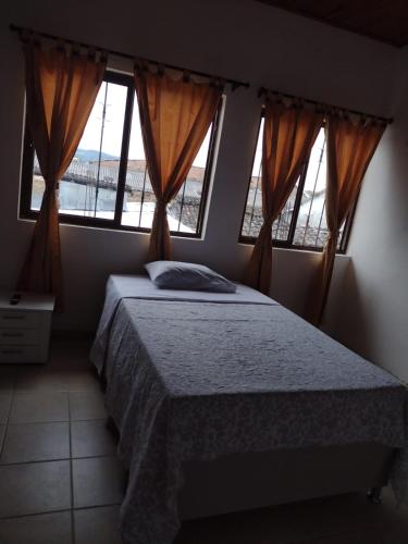 波帕扬Hotel Lili Popayán - Sede 2的一间卧室设有一张床和两个窗户。