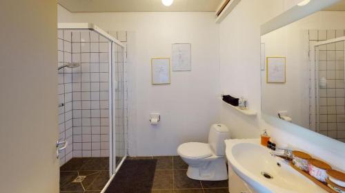 海德利桑德Brenna: Cliffside Apartment的带淋浴、卫生间和盥洗盆的浴室