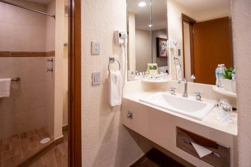 瓜达拉哈拉瓜达拉哈拉世博广场酒店的一间带水槽、镜子和淋浴的浴室