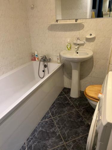 格但斯克Apartament Baltic Sea的一间带水槽、浴缸和卫生间的浴室