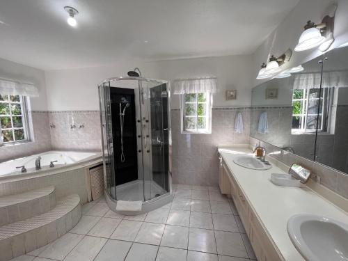 安东尼奥港All Nations Guest House的大型浴室设有2个水槽和淋浴。