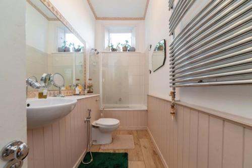 伦敦Elgin Terrace的一间带卫生间、水槽和镜子的浴室