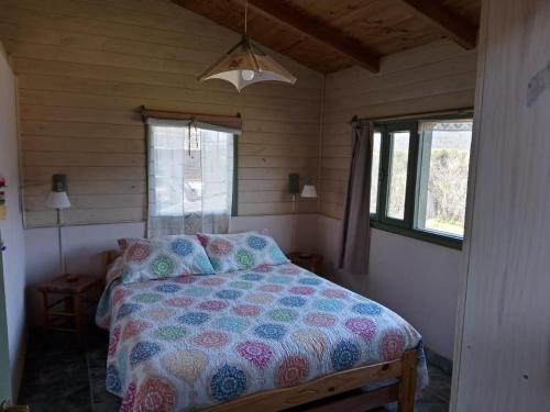 埃博森La casa de la abuela Cabaña的一间卧室配有一张带被子的床和两个窗户
