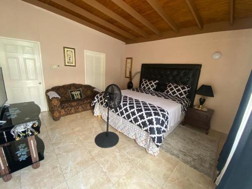 波特莫尔Portmore - Cheerful Private Bedroom with Fan only or AC - Choose your room的一间卧室配有一张床、一个风扇和一张沙发