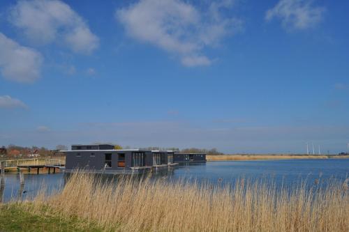 旺格兰Hausboot der Friesländer im Wangermeer的湖上高草的码头上的房子