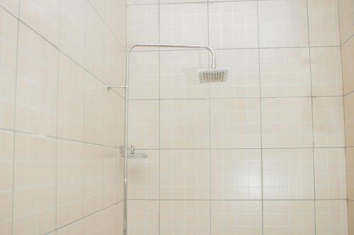布兰太尔Krisstar Lodge的浴室铺有白色瓷砖,设有淋浴。