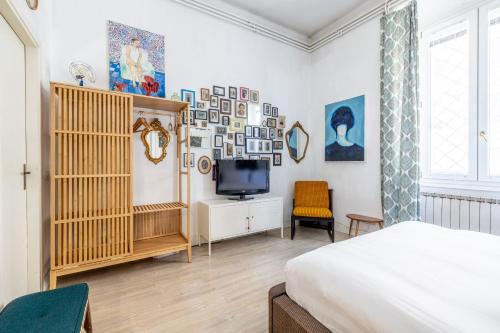 罗马Roma Retro Apartment - St. Peter Vatican的一间卧室配有一张床和一台电视。