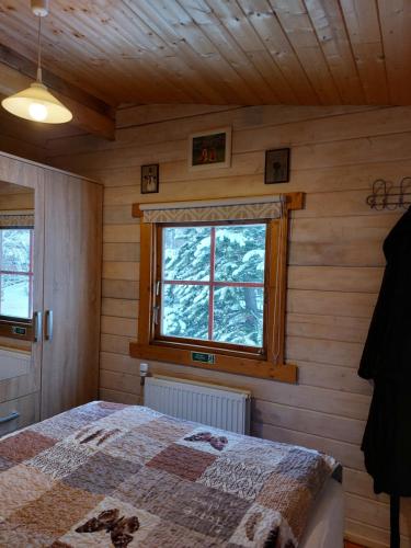 阿克雷里Bakkakot 1 - Cozy Cabins in the Woods的一间卧室设有一张床和一个窗口
