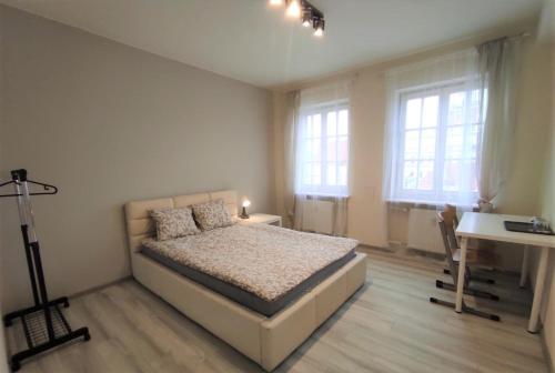 波兹南Rynek 9的卧室配有一张床、一张书桌和窗户。