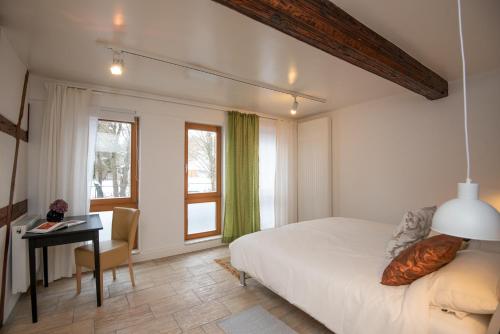 苏尔Ferienwohnung Eliese in Suhl的一间卧室配有一张床、一张书桌和一个窗户。