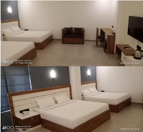 科泽科德Ashirvad Lawns Hotel & Convention Centre的两张照片,房间配有两张床和电视