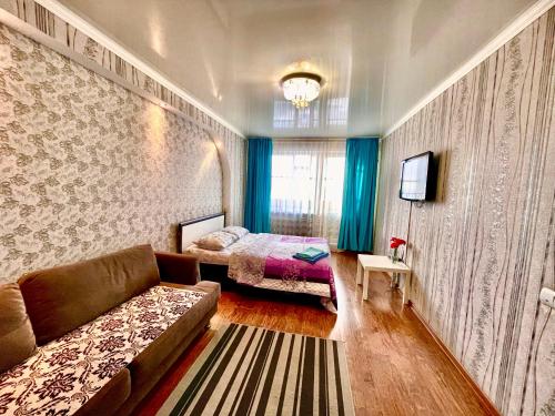 巴甫洛达尔Apartments on Kuban 63的一间卧室配有一张床、一张沙发和一台电视