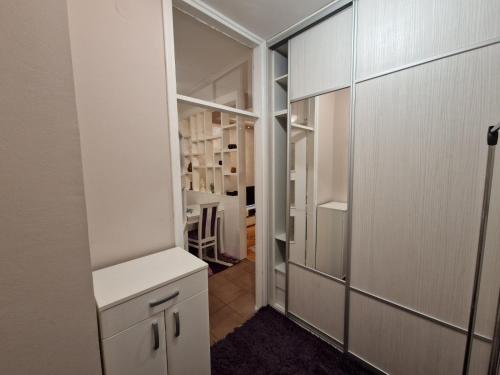 波德戈里察Your place in Podgorica的厨房配有白色橱柜和步入式衣柜。