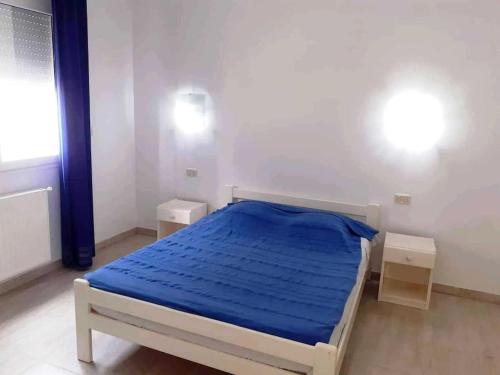 莫纳斯提尔Magnifique villa en Centre Ville的一间卧室配有一张带蓝色毯子的床