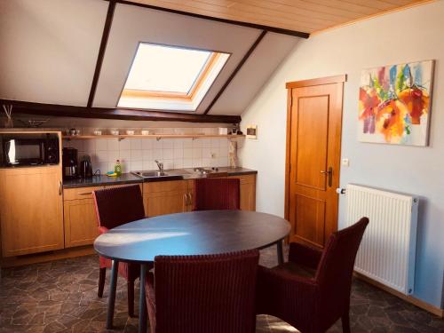 瑟穆瓦河畔夫雷斯Appart Hotel Au Pied de Vigne的厨房配有桌椅和窗户。