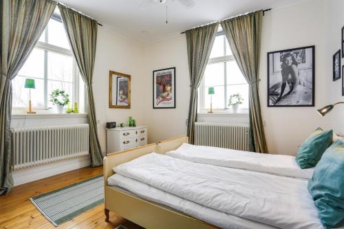 厄勒布鲁HagbackensGård Bed&Breakfast的一间卧室设有一张床和两个窗户。