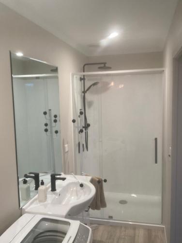 坎布里奇Cambridge Te Awa Rivertrail BnB的白色的浴室设有水槽和淋浴。