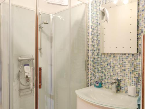 阿博因Dee Valley View的带淋浴和盥洗盆的白色浴室