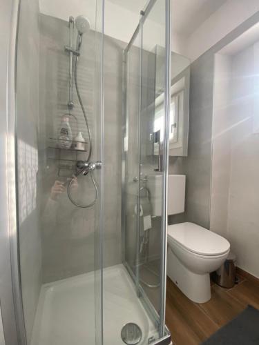 马尼亚戈La corte di Bacco的浴室设有玻璃淋浴间和卫生间