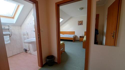 俄斯特拉发埃达奥斯特拉瓦高级旅馆的带淋浴的浴室和1间带1张床的卧室