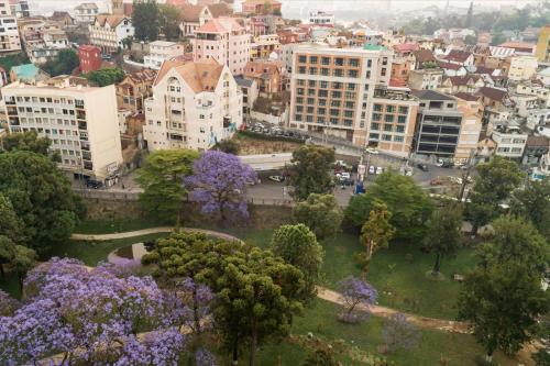 塔那那利佛Radisson Serviced Apartments Antananarivo City Centre的一座城市,公园里布满紫色的树木和建筑物