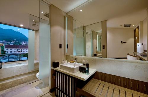 巴图巴图金郁金香荷兰度假村的一间带水槽和大窗户的浴室