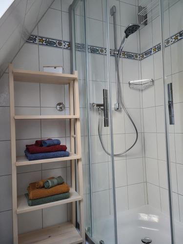 纽哈灵吉塞尔Ferienhaus Yanic的带淋浴的浴室和2条折叠毛巾